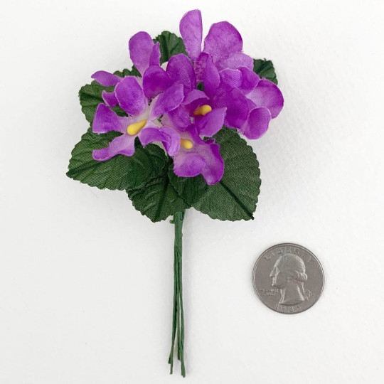 6 Purple Fabric Violets with Leaves ~ Austria ~ 1"